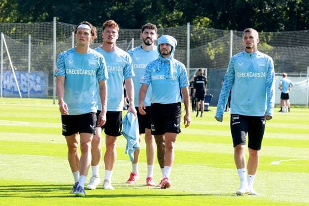 DEU, DFL, 2 FBL Hertha BSC, Training, 26 08 2025, Sportforum, Berlin, DEU, DFL, 2 FBL Hertha BSC, Training, in the picture Fabian Reese Hertha BSC Berlin 11 , Sebastian Groenning Hertha BSC Berlin 17 , Agustn Rogel Hertha BSC Berlin 3 , Kevin Sessa Hertha BSC Berlin 8 , Michael Cuisance Hertha BSC Berlin 10 DFL regulations prohibit any use of Photographs as image sequences and or quasi video nordphotoxGmbHx xEngler nph00076