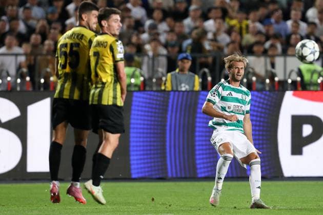 Benjamin Nygren of Celtic takes a free kick Kairat Almaty v Celtic, UEFA Champions League, Play-Off Round, Second Leg, Football, Almaty Central Stadium, Almaty, Kazakhstan - 26 Aug 2025Almaty Almaty Central Stadium Kazakhstan EDITORIAL USE ONLY No use with unauthorised audio, video, data, fixture lists, club league logos or live services. Online in-match use limited to 120 images, no video emulation. No use in betting, games or single club league player publications. Copyright: xNikitaxBassov Shutterstockx 15455823aw