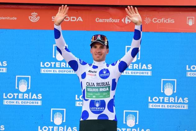 Vuelta 2025 - Stage 4 Susa And Voiron Joel Nicolau Beltran of the Caja Rural Seguros team wears the blue and white jersey during stage 4 between Susa and Voiron of the La Vuelta cycling race in Voiron, France, on August 26, 2025. Voiron Isere France  Copyright: xRomainxDoucelinx originalFilename:doucelin-vuelta20250826_npFez.jpg
