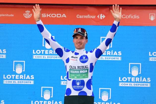 Vuelta 2025 - Stage 4 Susa And Voiron Joel Nicolau Beltran of the Caja Rural Seguros team wears the blue and white jersey during stage 4 between Susa and Voiron of the La Vuelta cycling race in Voiron, France, on August 26, 2025. Voiron Isere France  Copyright: xRomainxDoucelinx originalFilename:doucelin-vuelta20250826_npoj3.jpg