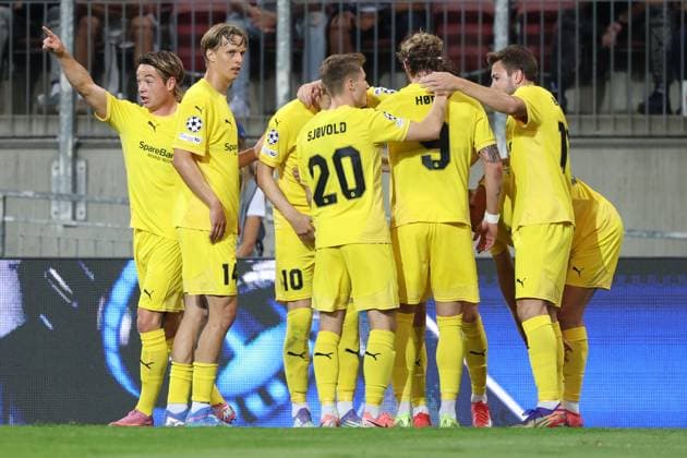 SOCCER - UEFA CL, Sturm vs Bodo KLAGENFURT,AUSTRIA,26.AUG.25 - SOCCER - UEFA Champions League, play off, SK Sturm Graz vs FK Bodo Glimt. Image shows the rejoicing of Bodo Glimt.  GEPAxpictures xChrisxBauer