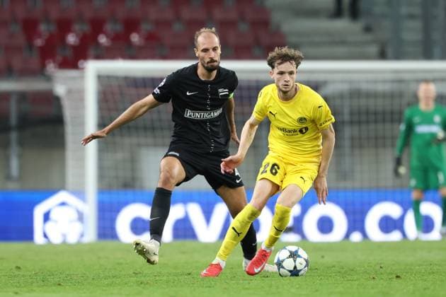 SOCCER - UEFA CL, Sturm vs Bodo KLAGENFURT,AUSTRIA,26.AUG.25 - SOCCER - UEFA Champions League, play off, SK Sturm Graz vs FK Bodo Glimt. Image shows Jon Gorenc Stankovic (Sturm) and Hakon Evjen (Bodo Glimt).  GEPAxpictures xChrisxBauer