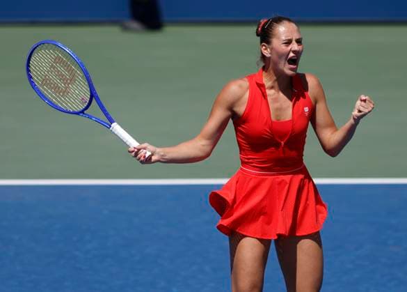 Marta Kostyuk of Ukraine celebrates after match point in her first round match match against Katie Boulter of United Kingdom in the Grandstand court on day 3 at the 2025 US Open Tennis Championship at the USTA Billie Jean King National Tennis Center in New York City on Tuesday, August 26, 2025. Kostyuk defeated Boulter in straight sets.  NYP20250826107 JOHNxANGELILLO