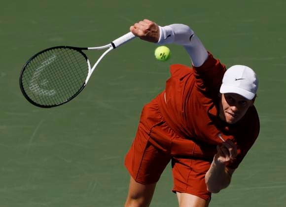 Jannik Sinner of Italy serves to Vit Kopriva of Czechia in the 2nd set of their first round match in Arthur Ashe Stadium on day 3 at the 2025 US Open Tennis Championship at the USTA Billie Jean King National Tennis Center in New York City on Tuesday, August 26, 2025.  NYP20250826124 JOHNxANGELILLO
