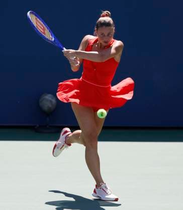 Marta Kostyuk of Ukraine returns a ball to Katie.Boulter of United Kingdom in the second set of their first round match in the Grandstand court on day 3 at the 2025 US Open Tennis Championship at the USTA Billie Jean King National Tennis Center in New York City on Tuesday, August 26, 2025. Kostyuk defeated Boulter in straight sets.  NYP20250826110 JOHNxANGELILLO