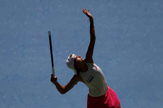 Emiliana Arango of Colombia serves to Iga Swiatek of Poland in their first round match in Arthur Ashe Stadium on day 3 at the 2025 US Open Tennis Championship at the USTA Billie Jean King National Tennis Center in New York City on Tuesday, August 26, 2025. Swiatek defeated Arango in straight sets.  NYP20250826101 JOHNxANGELILLO