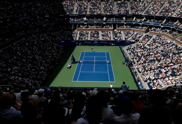 Jannik Sinner of Italy serves to Vit Kopriva of Czechia in the 2nd set of their first round match in Arthur Ashe Stadium on day 3 at the 2025 US Open Tennis Championship at the USTA Billie Jean King National Tennis Center in New York City on Tuesday, August 26, 2025.  NYP20250826134 JOHNxANGELILLO