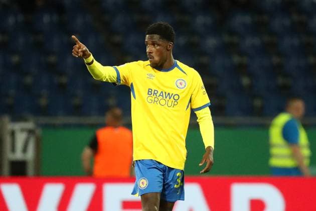 Braunschweig vs Stuttgart, DFB Pokal 1 round Braunschweig, 26 08 2025, FUßBALL Eintracht Braunschweig vs VfB Stuttgart, 1 round DFB Pokal, season 2025 26 Christian Conteh Eintracht Braunschweig after the goal for 4 4 Braunschweig