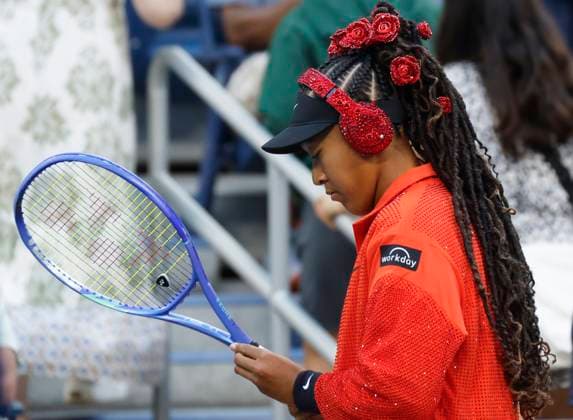 Naomi Osaka of Japan warms up on the court before her first round match against Greet Minnen of Belgium in Louis Armstrong Stadium on day 3 at the 2025 US Open Tennis Championship at the USTA Billie Jean King National Tennis Center in New York City on Tuesday, August 26, 2025.  NYP20250826155 JOHNxANGELILLO