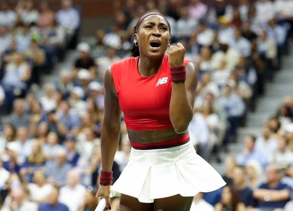 Coco Gauff celebrates after winning a point in the second of her first round match against Ajla Tomljanovic of Australia in Arthur Ashe Stadium on day 3 at the 2025 US Open Tennis Championship at the USTA Billie Jean King National Tennis Center in New York City on Tuesday, August 26, 2025.  NYP20250826156 JOHNxANGELILLO