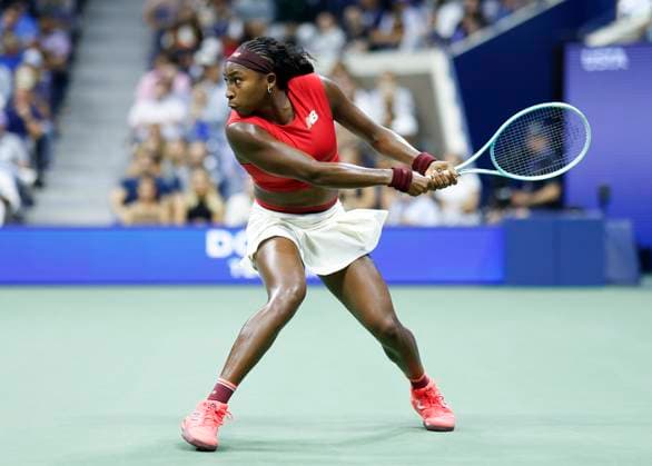 Coco Gauff prepares to return a ball in the second of her first round match against Ajla Tomljanovic of Australia in Arthur Ashe Stadium on day 3 at the 2025 US Open Tennis Championship at the USTA Billie Jean King National Tennis Center in New York City on Tuesday, August 26, 2025.  NYP20250826160 JOHNxANGELILLO