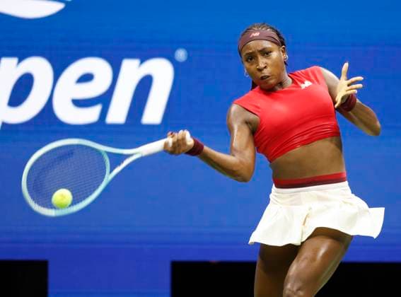 Coco Gauff hits a forehand in the second of her first round match against Ajla Tomljanovic of Australia in Arthur Ashe Stadium on day 3 at the 2025 US Open Tennis Championship at the USTA Billie Jean King National Tennis Center in New York City on Tuesday, August 26, 2025.  NYP20250826162 JOHNxANGELILLO