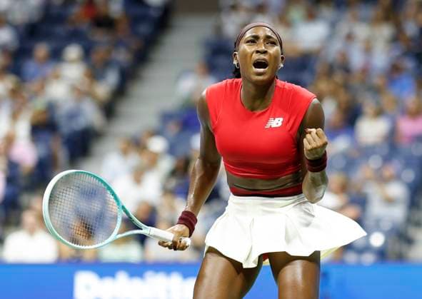 Coco Gauff celebrates after winning a point in the second of her first round match against Ajla Tomljanovic of Australia in Arthur Ashe Stadium on day 3 at the 2025 US Open Tennis Championship at the USTA Billie Jean King National Tennis Center in New York City on Tuesday, August 26, 2025.  NYP20250826167 JOHNxANGELILLO