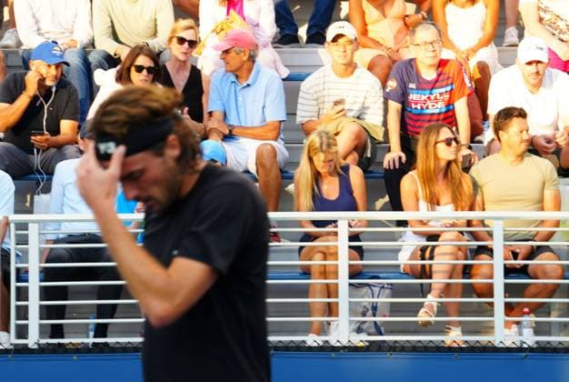 A fan wears a Jekyll and Hyde shirt behind Stefanos Tsitsipas 2025 US Open, Day Three, USTA Billie Jean King National Tennis Center, New York, USA - 26 Aug 2025New York USTA Billie Jean King National T New York (NY) United States of America  Copyright: xJavierxGarcia Shutterstockx 15451865ez