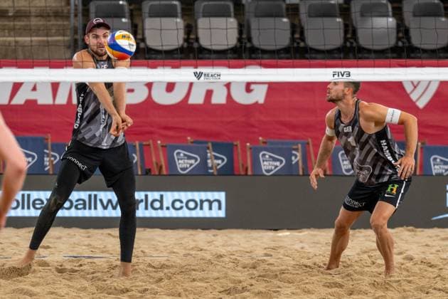 Beach Pro Tour Elite 16 Hamburg, 27 08 2025 Benedikt Sagstetter Player No 2, GER , Jonas Sagstetter Player No 1 Beach Pro Tour Elite 16 Hamburg on 27 08 2025 Copyright: xBEAUTIFULxSPORTS PeterxWeberx