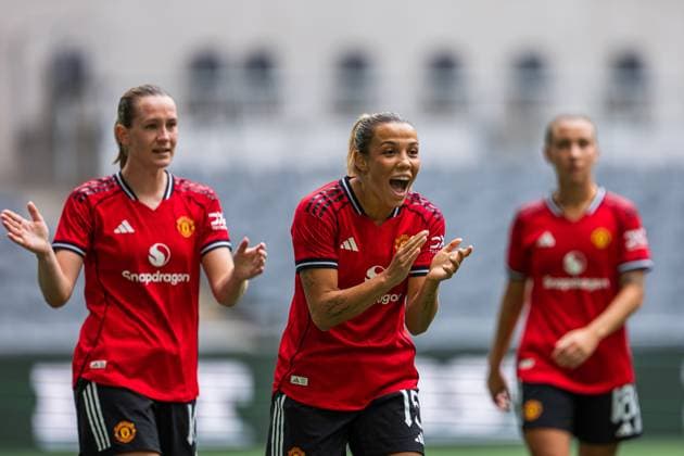 250827 Celin Bizet Donnum of Manchester United celebrates after scoring 2 0 during the UEFA Women s Champions League qualifying match between Manchester United and PSV Eindhoven on August 27, 2025 in Stockholm Photo Jonathan Näckstrand BILDBYRAN COP 94 JN0223 fotboll football soccer fotball uefa womens champions league manchester united wfc psv eindhoven dam bbeng jubel celebration  Copyright: JONATHANxNÄCKSTRAND BB250827JN001