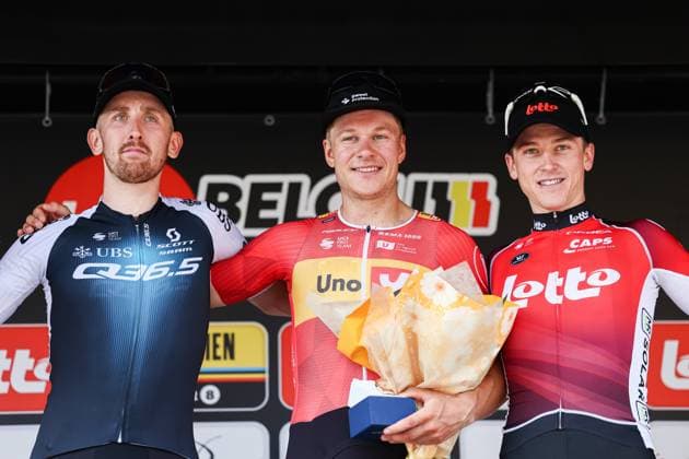 Muur Classic Geraadsbergen 2025 Cycling Race GERAARDSBERGEN, BELGIUM - AUGUST 27 : Donovan Mark (AUS) AUS of Q36.5 Pro Cycling Team, Berckmoes Jenno (BEL) of Lotto Cycling Team, Abrahamsen Jonas (NOR) of Uno-X Mobility on the podium during the 3th edition of Muur Classic Geraardsbergen an UCI Europe Tour 1.1 one day cycling road race for Men Elite of 177.8 km with start in Geraardsbergen and finish in Geraardsbergen on August 27, 2025 in Geraardsbergen, Belgium, 27 08 2025 - GERAARDSBERGEN Belgium  Copyright: xTvwx