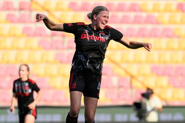 Hallie Bergford of Sparta celebrates a goal during the second qualifying round of women s Champions League, semi-finals match Sparta Praha vs Nordsjaelland in Prague, Czech Republic, August 27, 2025. (CTKxPhoto MichalxKamaryt) CTKPhotoP2025082706235  CTKPhotoP2025082706235