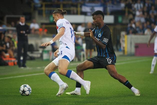 Rangers Rabbi Matondo and Club s Raphael Onyedika fight for the ball during a soccer game between Belgian Club Brugge KV and Scottish Glasgow Rangers F.C., Wednesday 27 August 2025 in Brugge, the return leg of the play-offs for the Champions League tournament. Club won the first leg 1-3. KURTxDESPLENTER  x132594344x