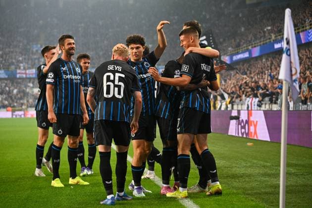 250827 Club Brugge vs Glasgow Rangers Nicolo Tresoldi (7) of Club Brugge celebrates after scoring the 1-0 goal during the Uefa Champions League play offs second leg game in season 2025 - 2026 between Club Brugge KV and Glasgow Rangers on August 27 , 2025 in Brugge, Belgium. (Photo by David Catry Isosport) Brugge Belgium  Copyright: xDavidxCatryx 20250827DC2_4436