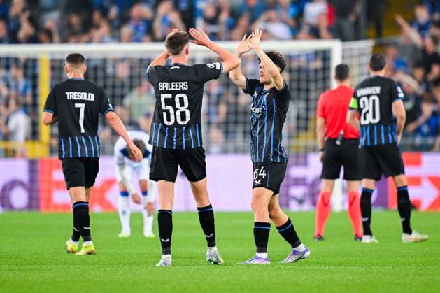 Club Brugge v Rangers FC - UEFA Champions League BRUGGE, BELGIUM - AUGUST 27 : Sabbe Kyriani defender of Club Brugge and Spileers Jorne defender of Club Brugge celebrating during the UEFA Champions League 2025 26 play-off round second leg between Club Brugge and Rangers FC on August 27, 2025 in Brugge, Belgium, 27 08 2025 Brugge Belgium  Copyright: xTomasxSiskx