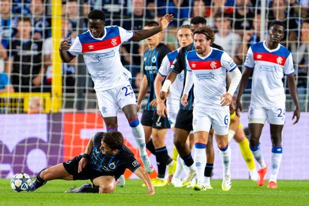 2025-08-27 Club Brugge v Rangers - UEFA Champions League Play-offs Round Second Leg BRUGGE, BELGIUM - AUGUST 27: Christos Tzolis of Club Brugge battles for the ball with Djeidi Gassama of Rangers during the UEFA Champions League Play-offs Round Second Leg match between Club Brugge and Rangers at Jan Breydel Stadium on August 27, 2025 in Brugge, Belgium. Brugge Jan Breydel Stadium Belgium Content not available for redistribution in The Netherlands directly or indirectly through any third parties. Copyright: xJorisxVerwijstx