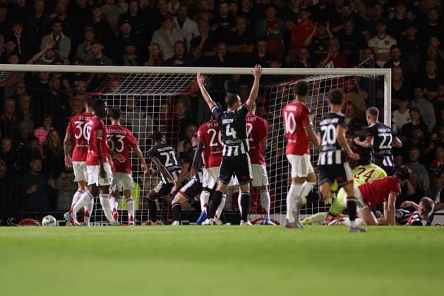 Tyrell Warren of Grimsby Town scores a goal and celebrates 2-0. Grimsby Town v Manchester United, ManU EFL Carabao Cup, Second Round, Football, Blundell Park, Grimsby, UK - 27 Aug 2025Grimsby Blundell Park United Kingdom EDITORIAL USE ONLY No use with unauthorised audio, video, data, fixture lists, club league logos or live services. Online in-match use limited to 120 images, no video emulation. No use in betting, games or single club league player publications.  Copyright: xRyanxBrowne Shutterstockx 15457581bj
