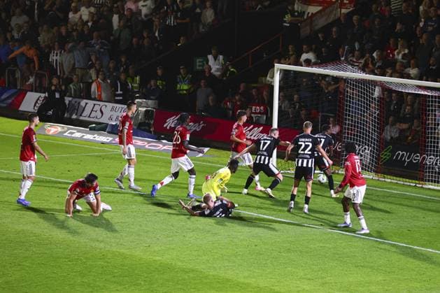Tyrell Warren of Grimsby Town scores to make it 2-0 Grimsby Town v Manchester United, ManU EFL Carabao Cup, Second Round, Football, Blundell Park, Grimsby, UK - 27 Aug 2025Grimsby Blundell Park United Kingdom EDITORIAL USE ONLY No use with unauthorised audio, video, data, fixture lists, club league logos or live services. Online in-match use limited to 120 images, no video emulation. No use in betting, games or single club league player publications.  Copyright: xPaulxCurrie Shutterstockx 15457582bf