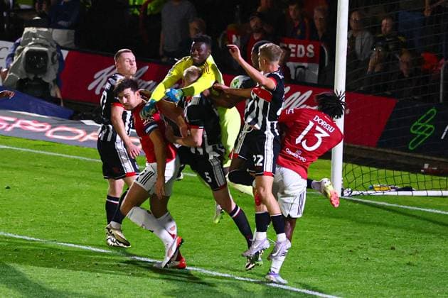 Andre Onana of Manchester United, ManU flaps at the ball which leads to the 2nd goal by Tyrell Warren of Grimsby Town Grimsby Town v Manchester United, EFL Carabao Cup, Second Round, Football, Blundell Park, Grimsby, UK - 27 Aug 2025Grimsby Blundell Park United Kingdom EDITORIAL USE ONLY No use with unauthorised audio, video, data, fixture lists, club league logos or live services. Online in-match use limited to 120 images, no video emulation. No use in betting, games or single club league player publications.  Copyright: xPaulxCurrie Shutterstockx 15457582bs