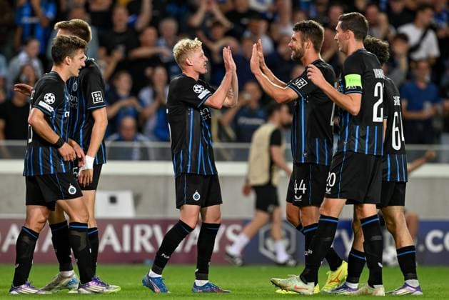 250827 Club Brugge vs Glasgow Rangers Joaquin Seys (65) of Club Brugge celebrates after scoring the 4-0 goal during the Uefa Champions League play offs second leg game in season 2025 - 2026 between Club Brugge KV and Glasgow Rangers on August 27 , 2025 in Brugge, Belgium. (Photo by David Catry Isosport) Brugge Belgium  Copyright: xDavidxCatryx 20250827DSC_0477