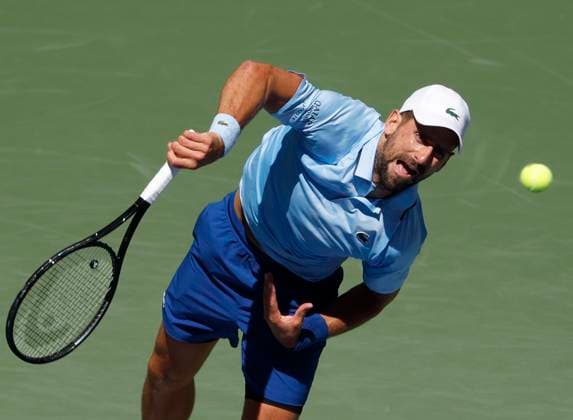 Novak Djokovic of Serbia serves in the first set before defeating Zachary Svajda in 4 sets in his second round match in Arthur Ashe Stadium on day 4 at the 2025 US Open Tennis Championship at the USTA Billie Jean King National Tennis Center in New York City on Wednesday, August 27, 2025.  NYP20250827108 JOHNxANGELILLO