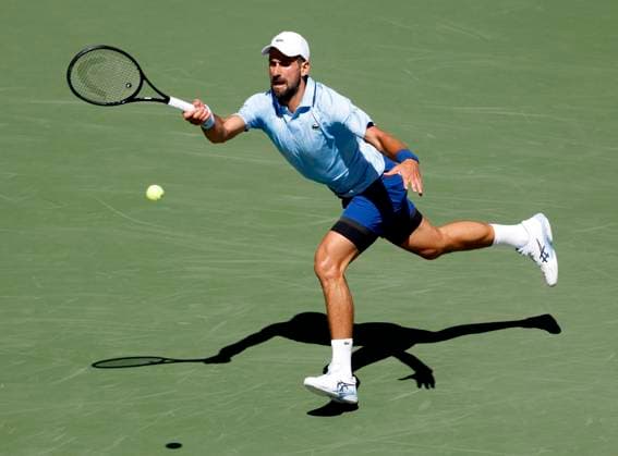 Novak Djokovic of Serbia returns a ball in the first set before defeating Zachary Svajda in 4 sets in his second round match in Arthur Ashe Stadium on day 4 at the 2025 US Open Tennis Championship at the USTA Billie Jean King National Tennis Center in New York City on Wednesday, August 27, 2025.  NYP20250827107 JOHNxANGELILLO