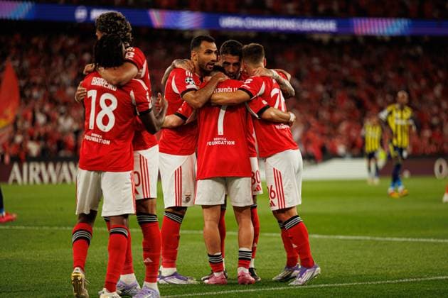 Players of Benfica seen celebrating after goal during Champions League qualifying game between SL Benfica and Fenerbahce SK (Maciej Rogowski) Lisbon Estadio Da Luz Portugal Copyright: xMaciejxRogowskix slbfener2526-45