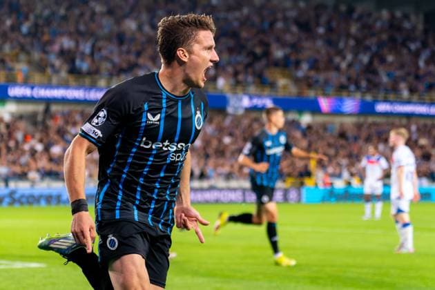 2025-08-27 Club Brugge v Rangers - UEFA Champions League Play-offs Round Second Leg BRUGGE, BELGIUM - AUGUST 27: Christos Tzolis of Club Brugge celebrates after scoring the team s sixth goal during the UEFA Champions League Play-offs Round Second Leg match between Club Brugge and Rangers at Jan Breydel Stadium on August 27, 2025 in Brugge, Belgium. Brugge Jan Breydel Stadium Belgium Content not available for redistribution in The Netherlands directly or indirectly through any third parties. Copyright: xJorisxVerwijstx