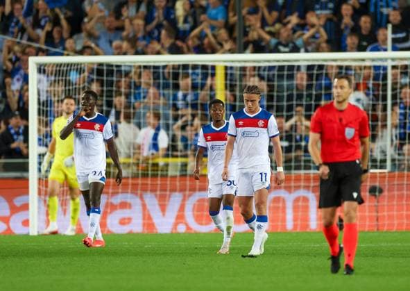 Rangers players look dejected after conceding the second goal during the Champions League second leg play off match at the Jan Breydel Stadium, Brugge. Club Brugge v Rangers - UEFA - Champions League Play-offs - Jan Breydel Stadium, Belguim - 27 Aug 2025Brugge Jan Breydel Stadium Belgium EDITORIAL USE ONLY  Copyright: xO Rourke RangersxFC Shutterstockx 15459058cp