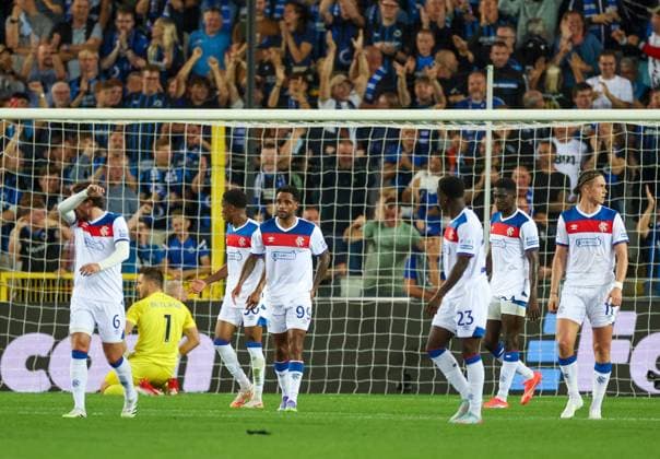 Rangers players look dejected after conceding the second goal during the Champions League second leg play off match at the Jan Breydel Stadium, Brugge. Club Brugge v Rangers - UEFA - Champions League Play-offs - Jan Breydel Stadium, Belguim - 27 Aug 2025Brugge Jan Breydel Stadium Belgium EDITORIAL USE ONLY  Copyright: xO Rourke RangersxFC Shutterstockx 15459058co