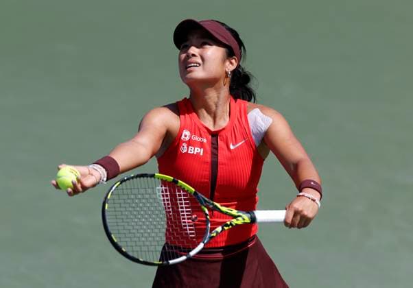 Alexandra Eala of the Philippines serves to Cristina Bucsa Spain in the first set of their second round match on court 7 on day 4 at the 2025 US Open Tennis Championship at the USTA Billie Jean King National Tennis Center in New York City on Wednesday, August 27, 2025. Bucsa defeated Eala in straight sets.  NYP20250827122 JOHNxANGELILLO