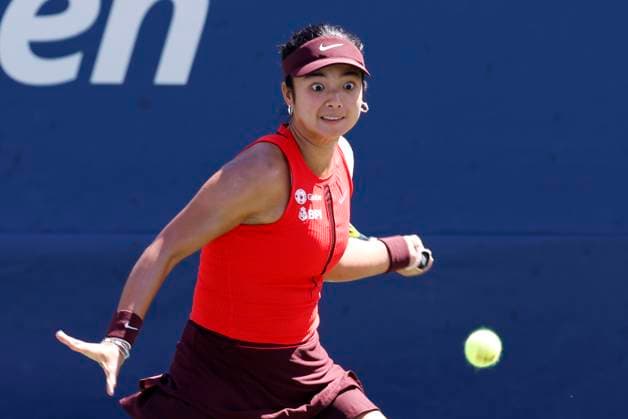 Alexandra Eala of the Philippines returns a ball to Cristina Bucsa Spain in the first set of their second round match on court 7 on day 4 at the 2025 US Open Tennis Championship at the USTA Billie Jean King National Tennis Center in New York City on Wednesday, August 27, 2025. Bucsa defeated Eala in straight sets.  NYP20250827124 JOHNxANGELILLO