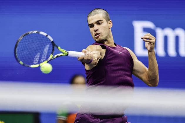 Tennis: U.S. Open Carlos Alcaraz of Spain plays against Mattia Bellucci of Italy in the men s singles second round at the U.S. Open tennis championships in New York on Aug. 27, 2025.  A14AA0004791889P