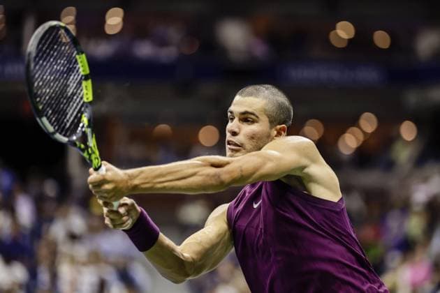 Tennis: U.S. Open Carlos Alcaraz of Spain plays against Mattia Bellucci of Italy in the men s singles second round at the U.S. Open tennis championships in New York on Aug. 27, 2025.  A14AA0004791891P