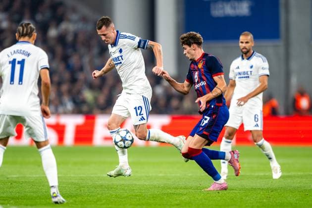 FC Copenhagen v FC Basel, UEFA Champions League qualification, Copenhagen, Denmark Copenhagen, Denmark. 27th, August 2025. Lukas Lerager (12) of FC Copenhagen and Moritz Broschinski (17) of FC Basel seen during the UEFA Champions League qualification match between FC Copenhagen and FC Basel at Parken in Copenhagen. Denmark, Copenhagen  Copyright: xGonzalesxPhoto TobiasxJorgensenx