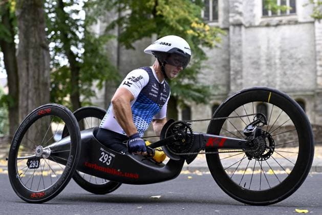 Estonia Janno Lepik (MH5) pictured in action during the UCI Para-cycling Road World Championships, Thursday 28 August 2025, in Ronse. The UCI Para-Cycling Road World Championships take place from 28 to 31 Augustus in Ronse. JASPERxJACOBS  x132642650x
