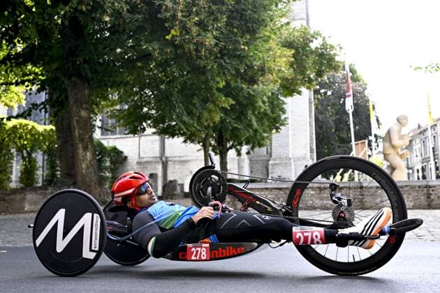 India Prashant Arkal (MH4) pictured in action during the UCI Para-cycling Road World Championships, Thursday 28 August 2025, in Ronse. The UCI Para-Cycling Road World Championships take place from 28 to 31 Augustus in Ronse. JASPERxJACOBS  x132644333x