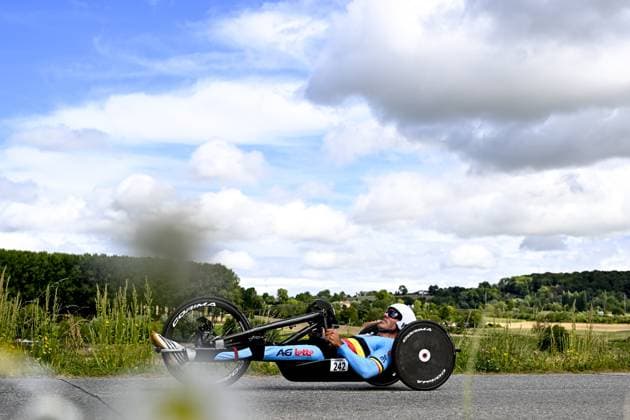 Belgium Jean-Francois Deberg (MH3) pictured in action during the individual time trial at the UCI Para-cycling Road World Championships, Thursday 28 August 2025, in Ronse. The UCI Para-Cycling Road World Championships take place from 28 to 31 Augustus in Ronse. JASPERxJACOBS  x132644809x