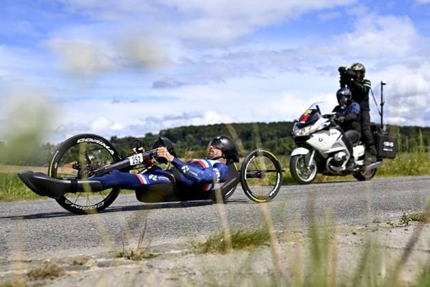 France Johan Quaile (MH3) pictured in action during the individual time trial at the UCI Para-cycling Road World Championships, Thursday 28 August 2025, in Ronse. The UCI Para-Cycling Road World Championships take place from 28 to 31 Augustus in Ronse. JASPERxJACOBS  x132645872x