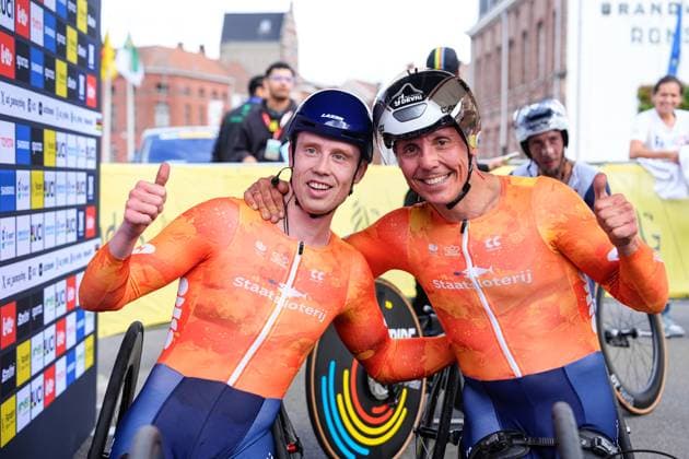 2025 UCI Para-cycling Road World Championships Picture by Olly Hassell SWpix.com - 28 08 2025 - Cycling - 2025 UCI Para-cycling Road World Championships - Ronse, Flanders, Belgium - Men H5 Individual Time Trial (ITT) - Mitch Valize (Netherlands) Wins the Men H5 Individual Time Trial (ITT) to become World Champion and LoÃ¯c Vergnaud (France) Bronze Medalist Copyright: x xSWpix.comx(t axPhotographyxHubxLtd)xOllyxHassell SWpix.comx SWP-3069-0147