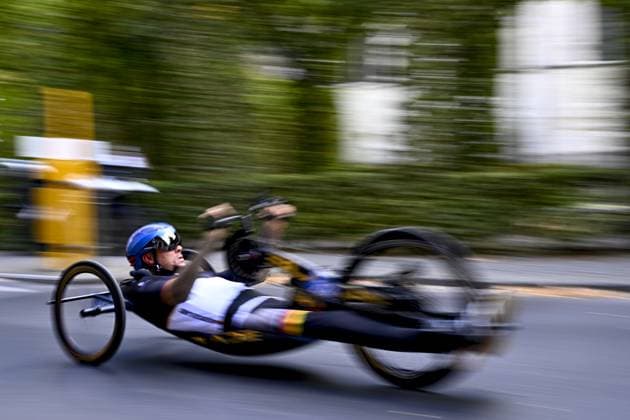 Germany Manuel Scheichl (MH2) pictured in action during the individual time trial at the UCI Para-cycling Road World Championships, Thursday 28 August 2025, in Ronse. The UCI Para-Cycling Road World Championships take place from 28 to 31 Augustus in Ronse. JASPERxJACOBS  x132655263x