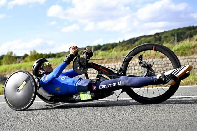Fabrizio Cornegliani pictured in action during the individual time trial at the UCI Para-cycling Road World Championships, Thursday 28 August 2025, in Ronse. The UCI Para-Cycling Road World Championships take place from 28 to 31 Augustus in Ronse. JASPERxJACOBS  x132664475x