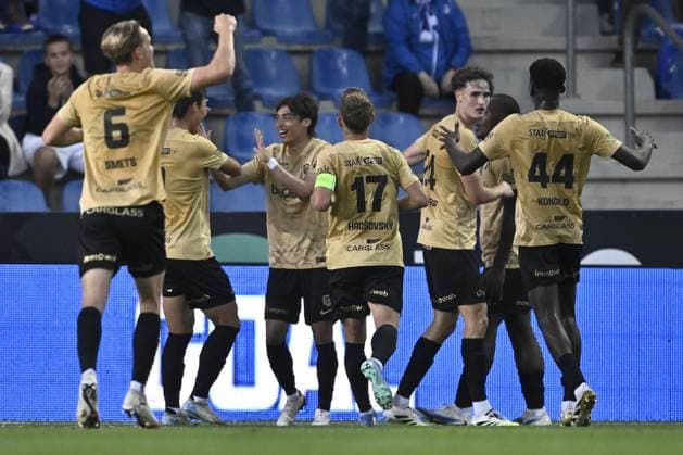 Genk s Junya Ito celebrates after scoring during a soccer match between Belgian soccer team KRC Genk and Polish team KKS Lech Poznan, in Genk on Thursday 28 August 2025, the return leg in the play-offs of the UEFA Europa League competition. Genk won the first leg 1-5. JOHAN EYCKENS JohanxEyckens  x132679653x