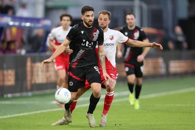 Duje Dujmovic of Zrinjski with David Min of FC Utrecht during the match FC Utrecht Zrinjski at the Galgenwaard for the Europa League play off season 2024 2025 in Utrecht, Netherlands on 28 august 2025, photo by Peter Lous EYE4images DeFodi Images